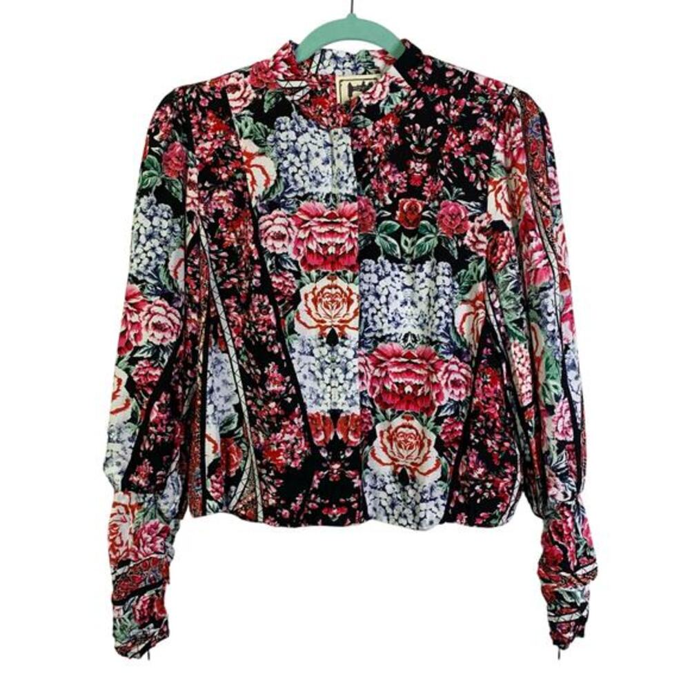 JAASE Jacket Bomber Crop Floral Patchwork Puff Sleeve Ruched Cuff W/Zipper NWT‎